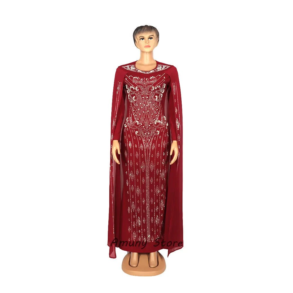 Luxury African Women’s Rhinestone Beaded Chiffon Fishtail Maxi Dress with Cloak – Plus Size - Free Delivery Worldwide only at Flexi Africa