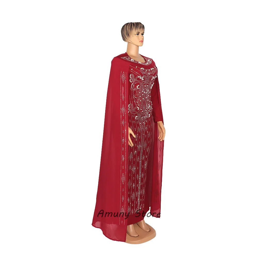 Luxury African Women’s Rhinestone Beaded Chiffon Fishtail Maxi Dress with Cloak – Plus Size - Free Delivery Worldwide only at Flexi Africa