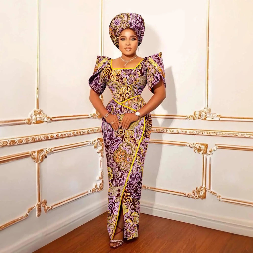 Luxury African Women’s Shimmering Evening Gown with Headwrap – Elegant Party & Special Occasion Dress - Free Delivery