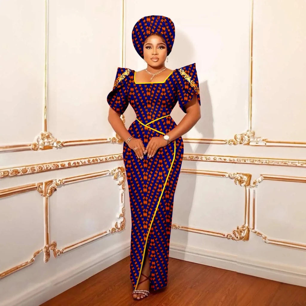 Luxury African Women’s Shimmering Evening Gown with Headwrap – Elegant Party & Special Occasion Dress - Free Delivery
