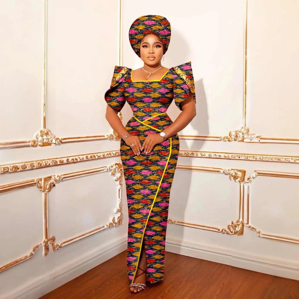 Luxury African Women’s Shimmering Evening Gown with Headwrap – Elegant Party & Special Occasion Dress - Free Delivery