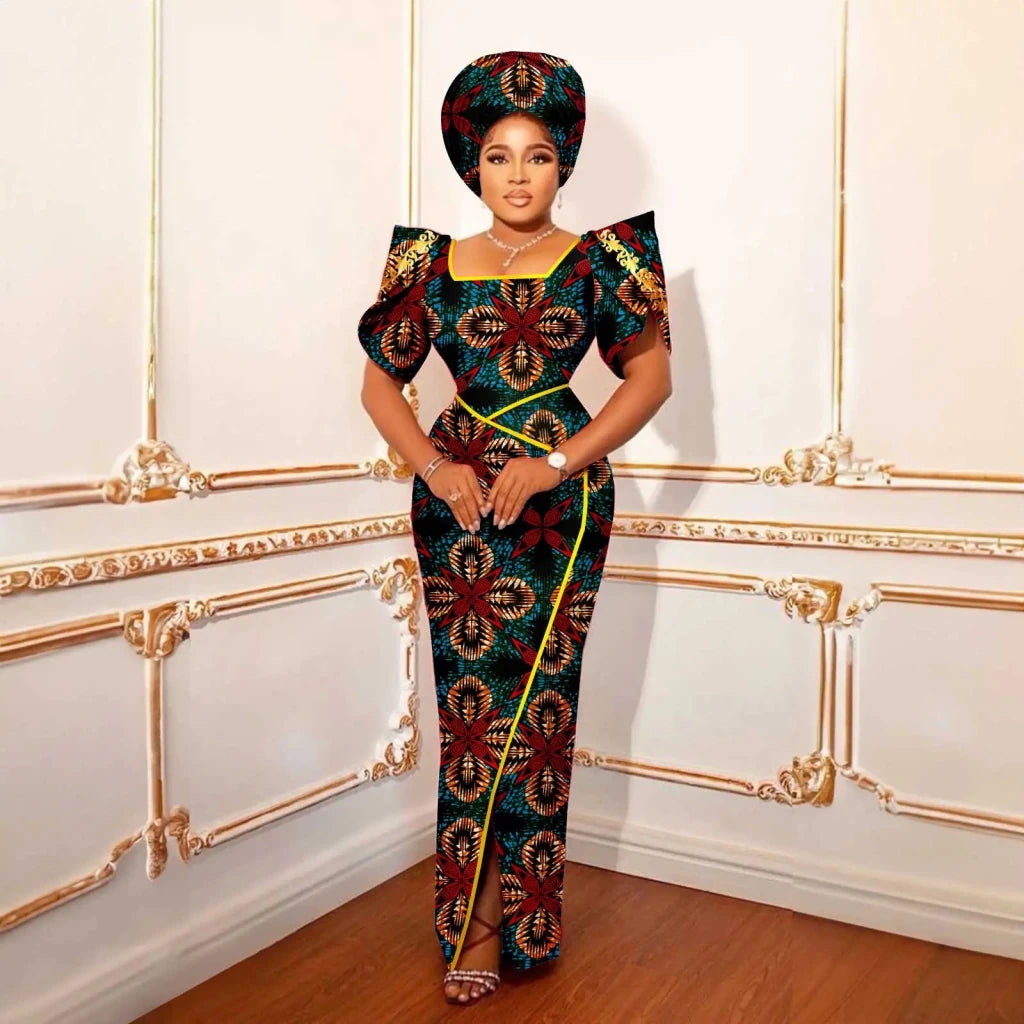 Luxury African Women’s Shimmering Evening Gown with Headwrap – Elegant Party & Special Occasion Dress - Free Delivery