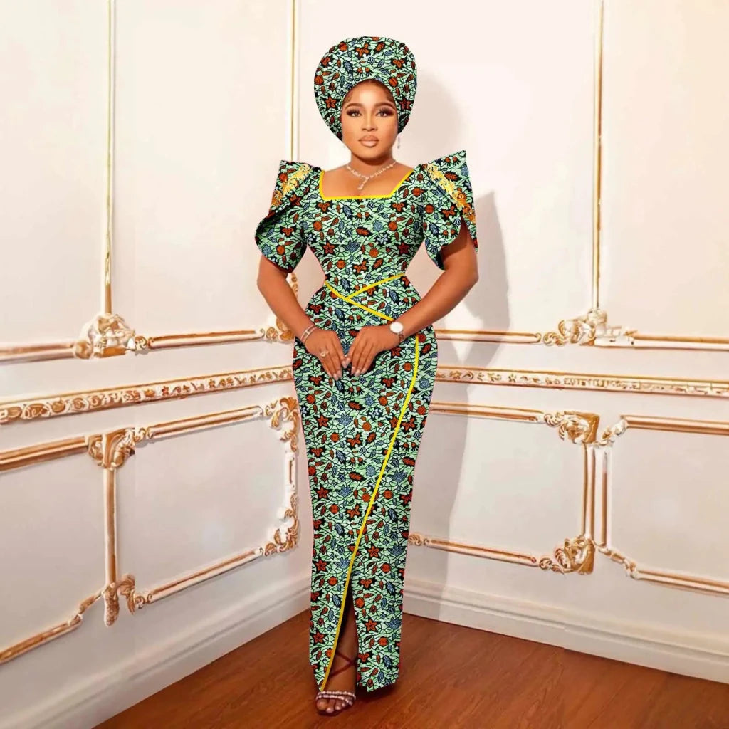 Luxury African Women’s Shimmering Evening Gown with Headwrap – Elegant Party & Special Occasion Dress - Free Delivery