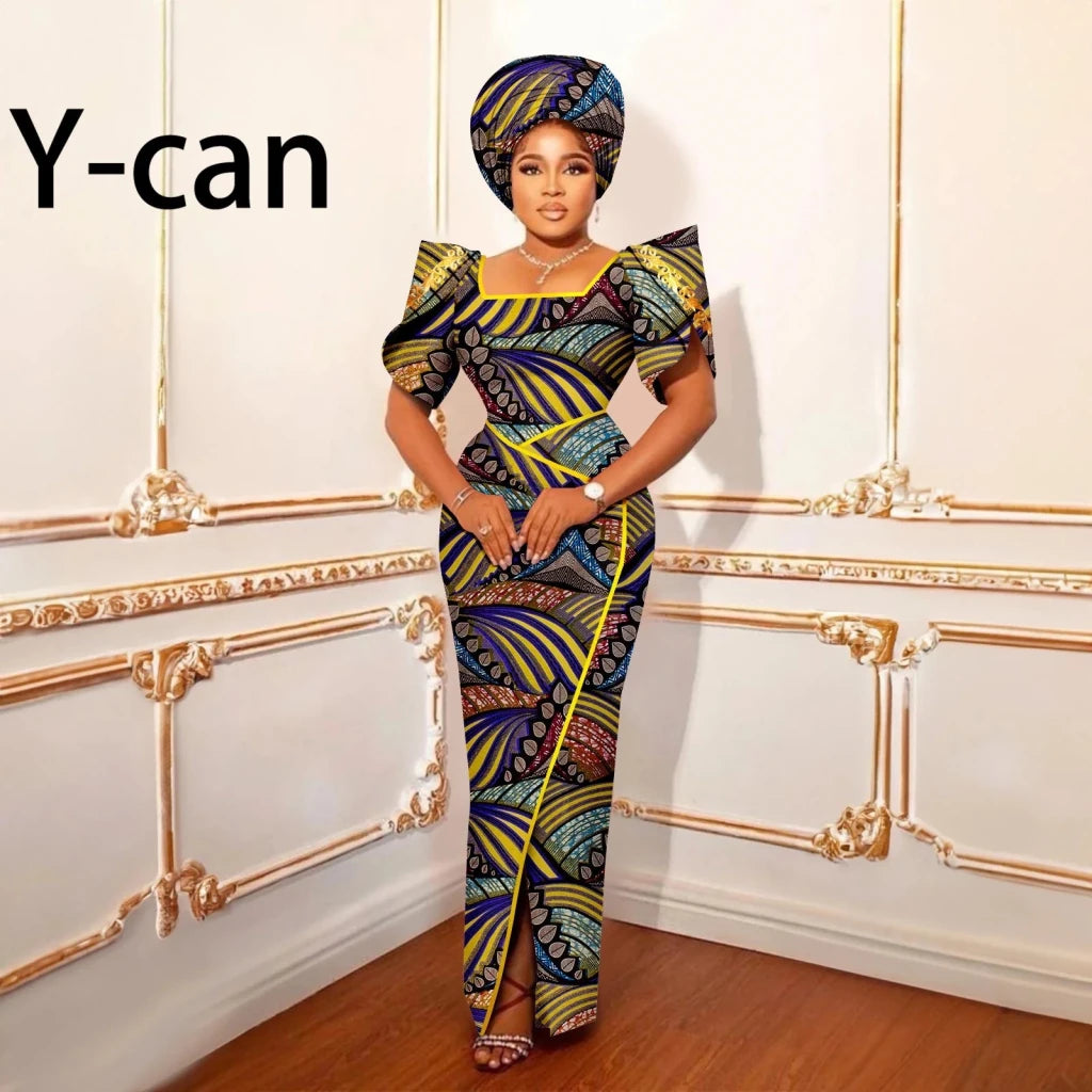 Luxury African Women’s Shimmering Evening Gown with Headwrap – Elegant Party & Special Occasion Dress - Free Delivery