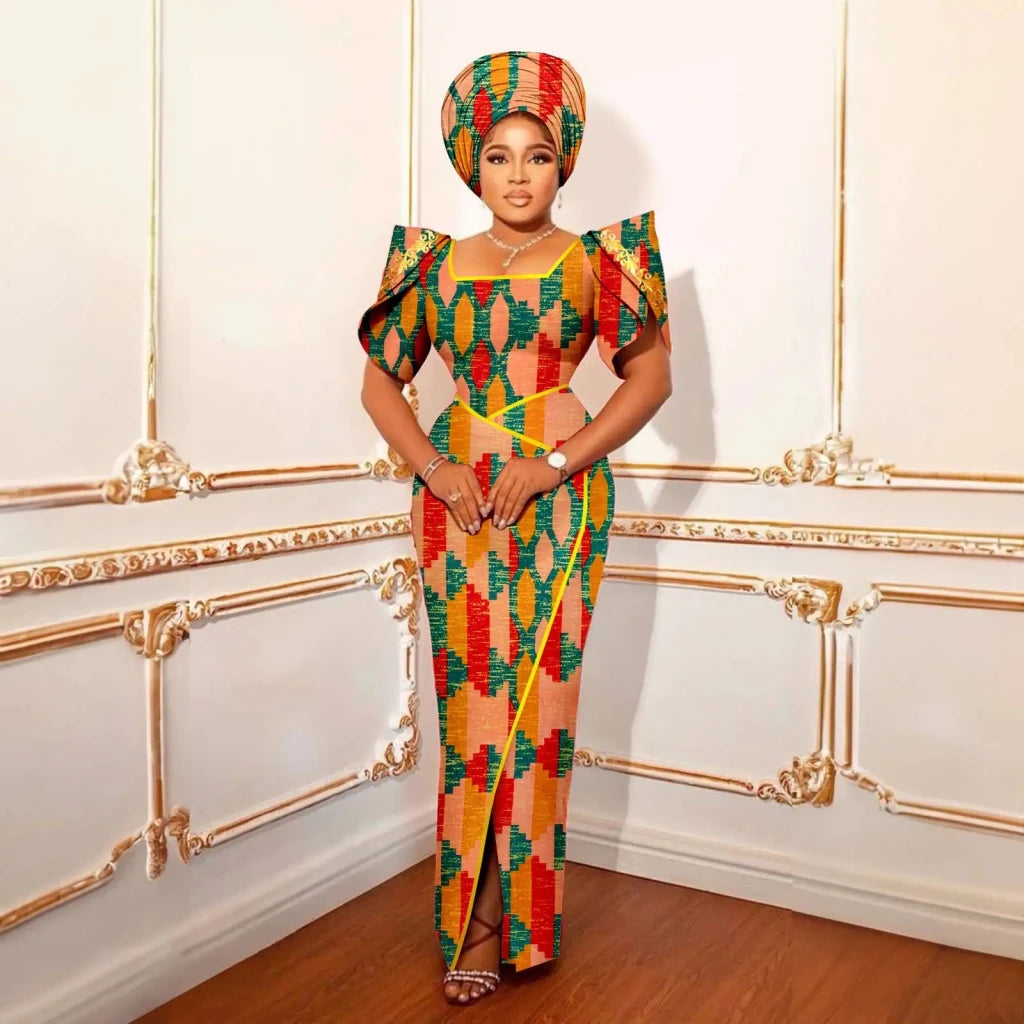 Luxury African Women’s Shimmering Evening Gown with Headwrap – Elegant Party & Special Occasion Dress - Free Delivery