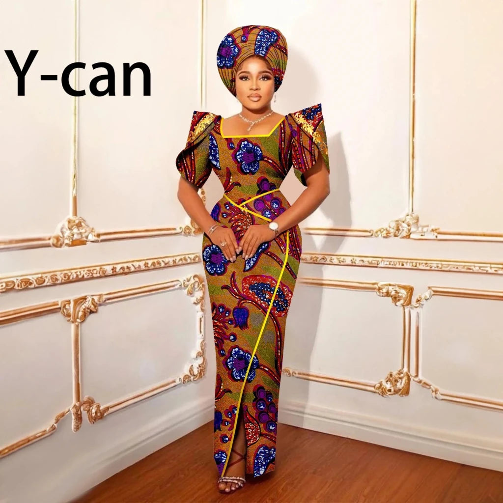 Luxury African Women’s Shimmering Evening Gown with Headwrap – Elegant Party & Special Occasion Dress - Free Delivery