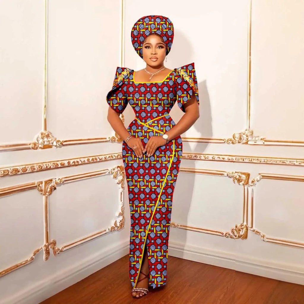 Luxury African Women’s Shimmering Evening Gown with Headwrap – Elegant Party & Special Occasion Dress - Free Delivery