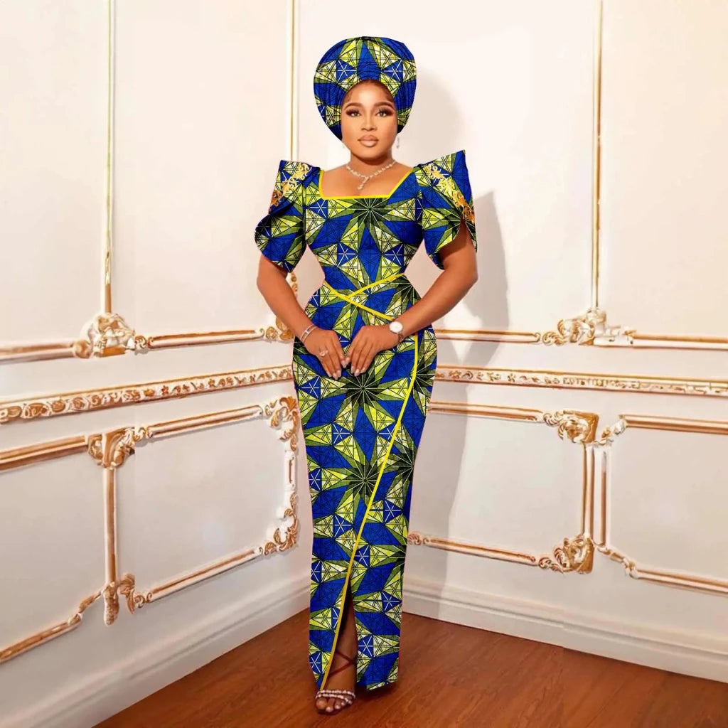 Luxury African Women’s Shimmering Evening Gown with Headwrap – Elegant Party & Special Occasion Dress - Free Delivery