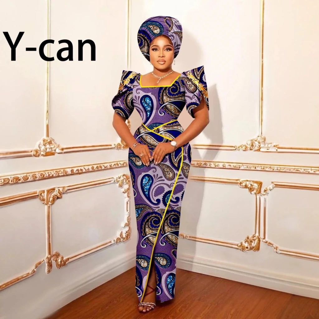 Luxury African Women’s Shimmering Evening Gown with Headwrap – Elegant Party & Special Occasion Dress - Free Delivery