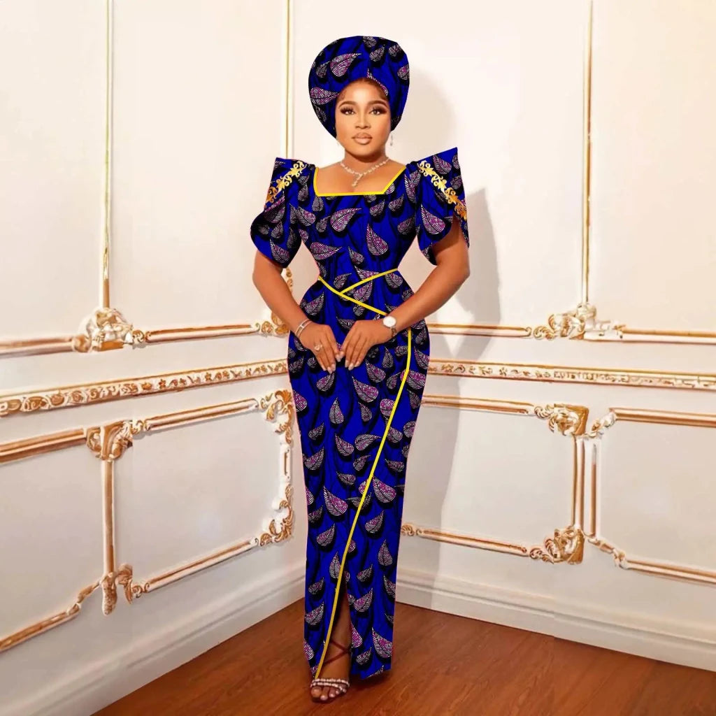 Luxury African Women’s Shimmering Evening Gown with Headwrap – Elegant Party & Special Occasion Dress - Free Delivery