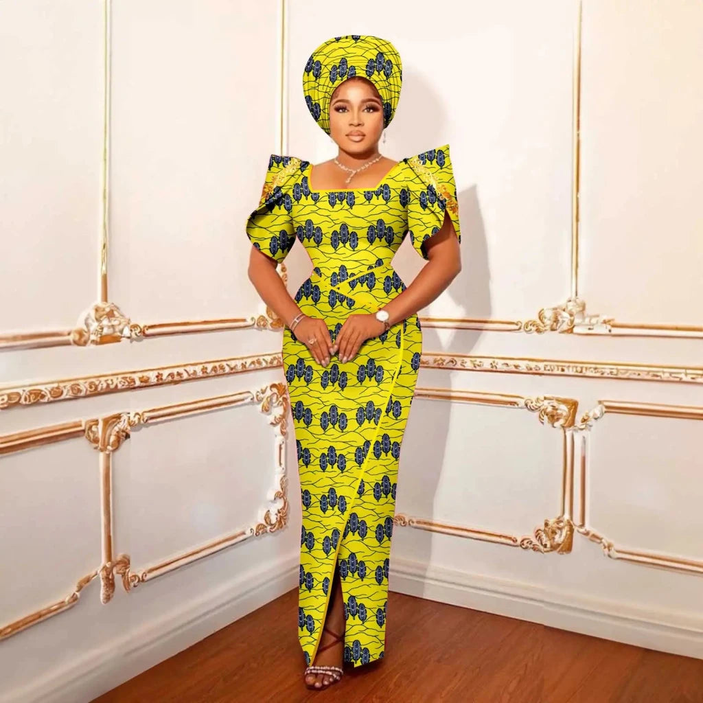 Luxury African Women’s Shimmering Evening Gown with Headwrap – Elegant Party & Special Occasion Dress - Free Delivery
