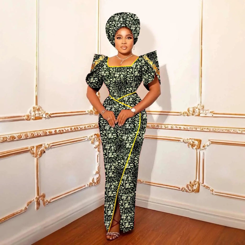 Luxury African Women’s Shimmering Evening Gown with Headwrap – Elegant Party & Special Occasion Dress - Free Delivery