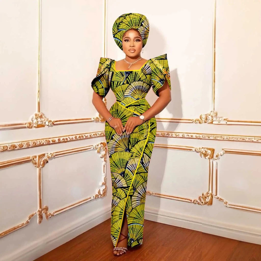 Luxury African Women’s Shimmering Evening Gown with Headwrap – Elegant Party & Special Occasion Dress - Free Delivery