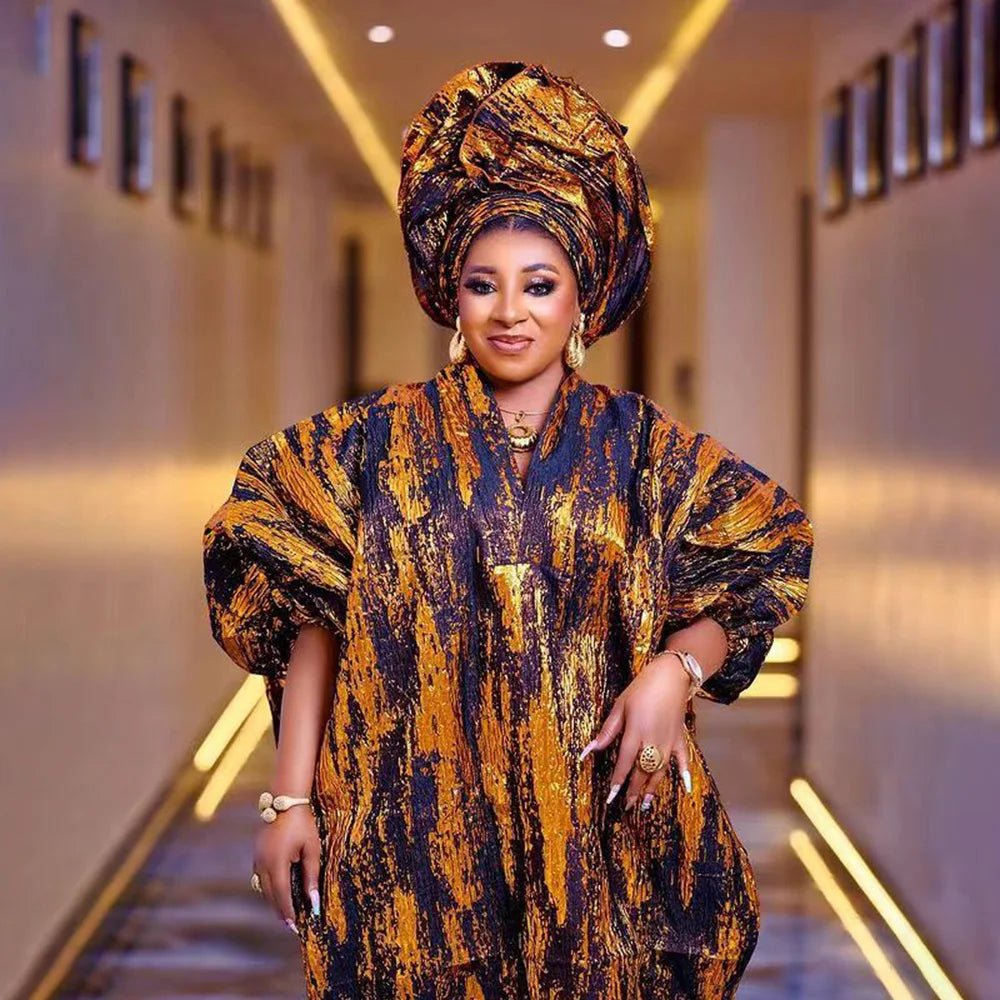 Luxury Gold Jacquard African Dress for Women – Elegant Loose Fit Occasion Gown - Free Delivery Worldwide only at Flexi Africa