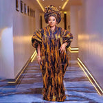 Luxury Gold Jacquard African Dress for Women – Elegant Loose Fit Occasion Gown - Free Delivery Worldwide only at Flexi Africa