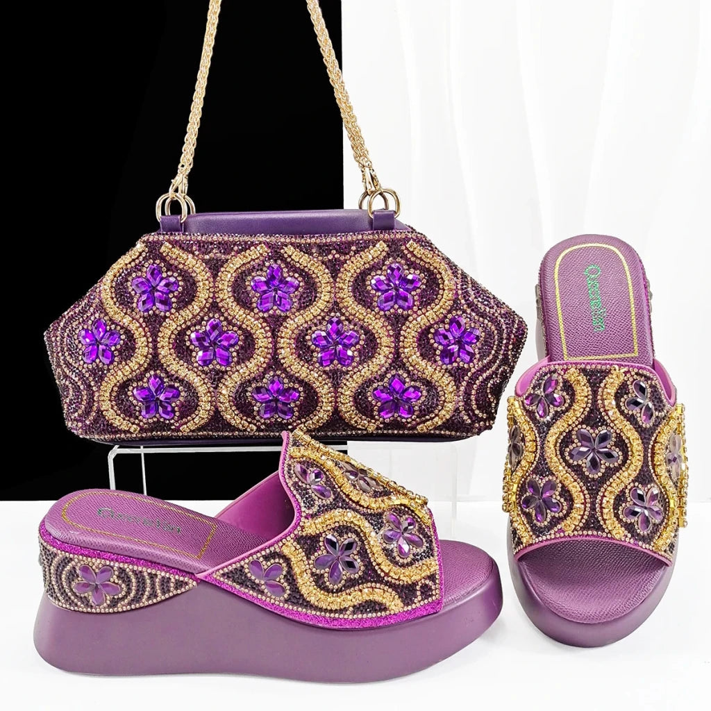 Luxury Ladies Rhinestone Wedge Heel Shoes & Matching Handbag Set – Elegant Nigerian Wedding Party Shoes and Bag Set