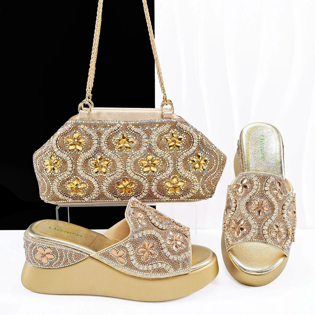 Luxury Ladies Rhinestone Wedge Heel Shoes & Matching Handbag Set – Elegant Nigerian Wedding Party Shoes and Bag Set