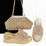 Luxury Ladies Rhinestone Wedge Heel Shoes & Matching Handbag Set – Elegant Nigerian Wedding Party Shoes and Bag Set
