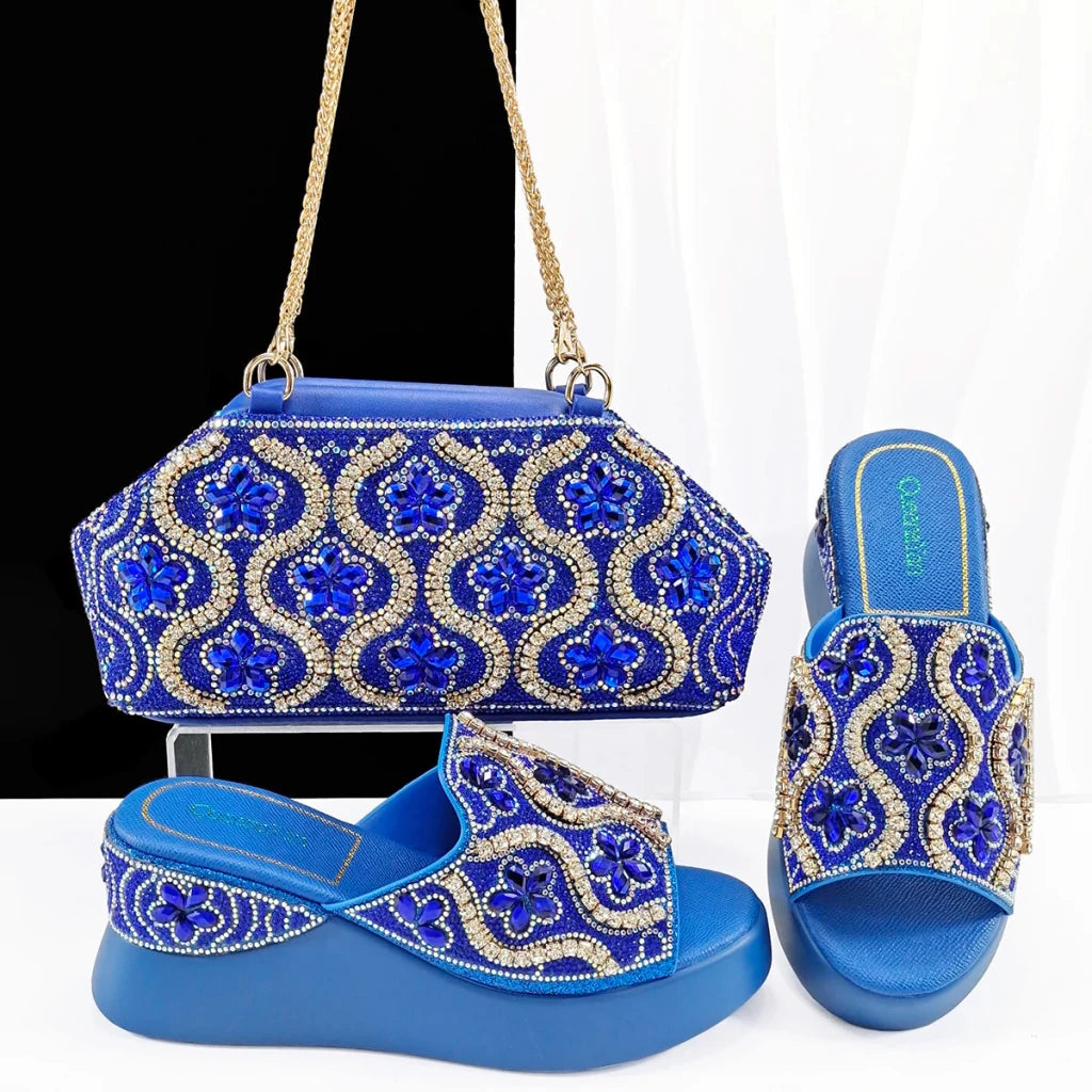 Luxury Ladies Rhinestone Wedge Heel Shoes & Matching Handbag Set – Elegant Nigerian Wedding Party Shoes and Bag Set