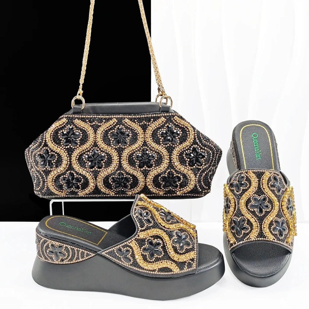 Luxury Ladies Rhinestone Wedge Heel Shoes & Matching Handbag Set – Elegant Nigerian Wedding Party Shoes and Bag Set