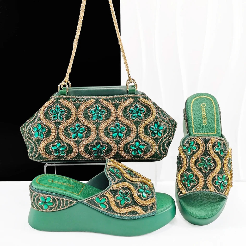 Luxury Ladies Rhinestone Wedge Heel Shoes & Matching Handbag Set – Elegant Nigerian Wedding Party Shoes and Bag Set