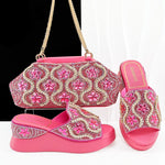 Luxury Ladies Rhinestone Wedge Heel Shoes & Matching Handbag Set – Elegant Nigerian Wedding Party Shoes and Bag Set