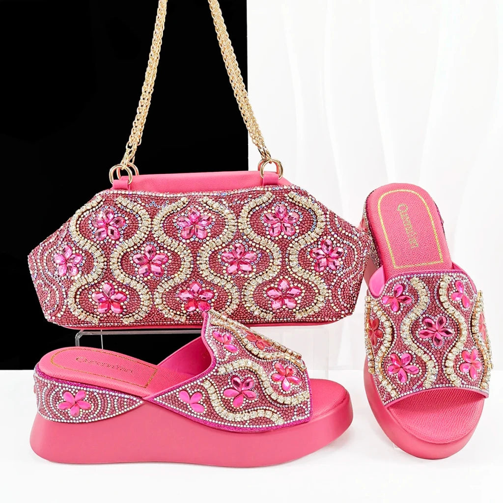 Luxury Ladies Rhinestone Wedge Heel Shoes & Matching Handbag Set – Elegant Nigerian Wedding Party Shoes and Bag Set