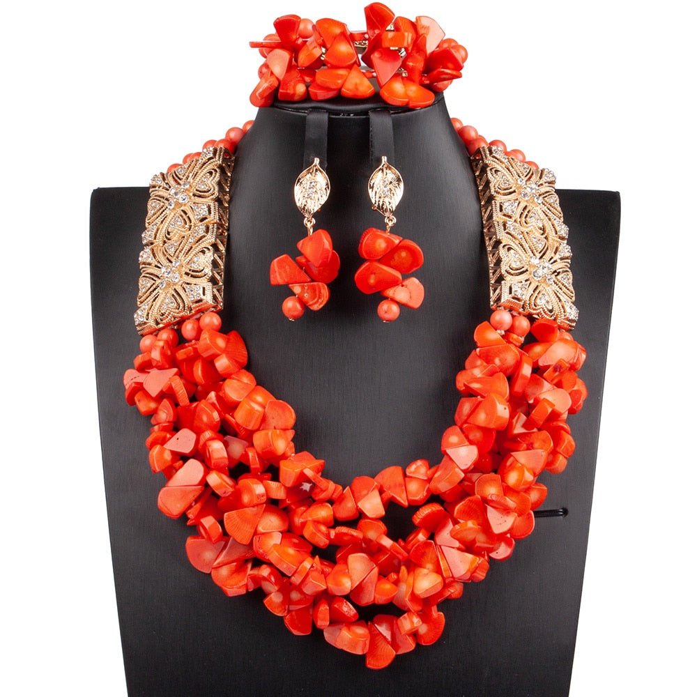 Luxury Red Coral African Golden Bridal Wedding Jewelry Set - Real Original Coral Accessories - Flexi Africa - Free Delivery