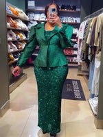 Luxury Women’s African 2PC Wedding Party Outfit – Long Sleeve Coat & Sequin Vest Dress Dashiki Set - Free Delivery Worldwide