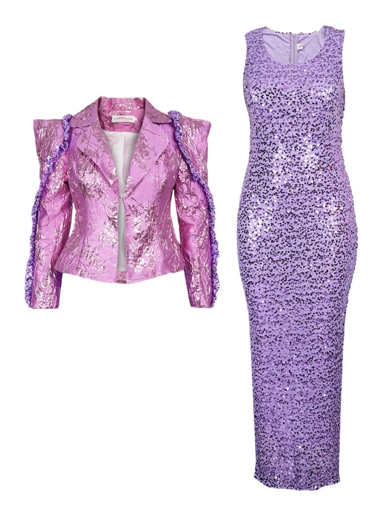 Luxury Women’s African 2PC Wedding Party Outfit – Long Sleeve Coat & Sequin Vest Dress Dashiki Set - Free Delivery Worldwide