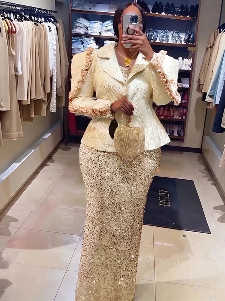 Luxury Women’s African 2PC Wedding Party Outfit – Long Sleeve Coat & Sequin Vest Dress Dashiki Set - Free Delivery Worldwide