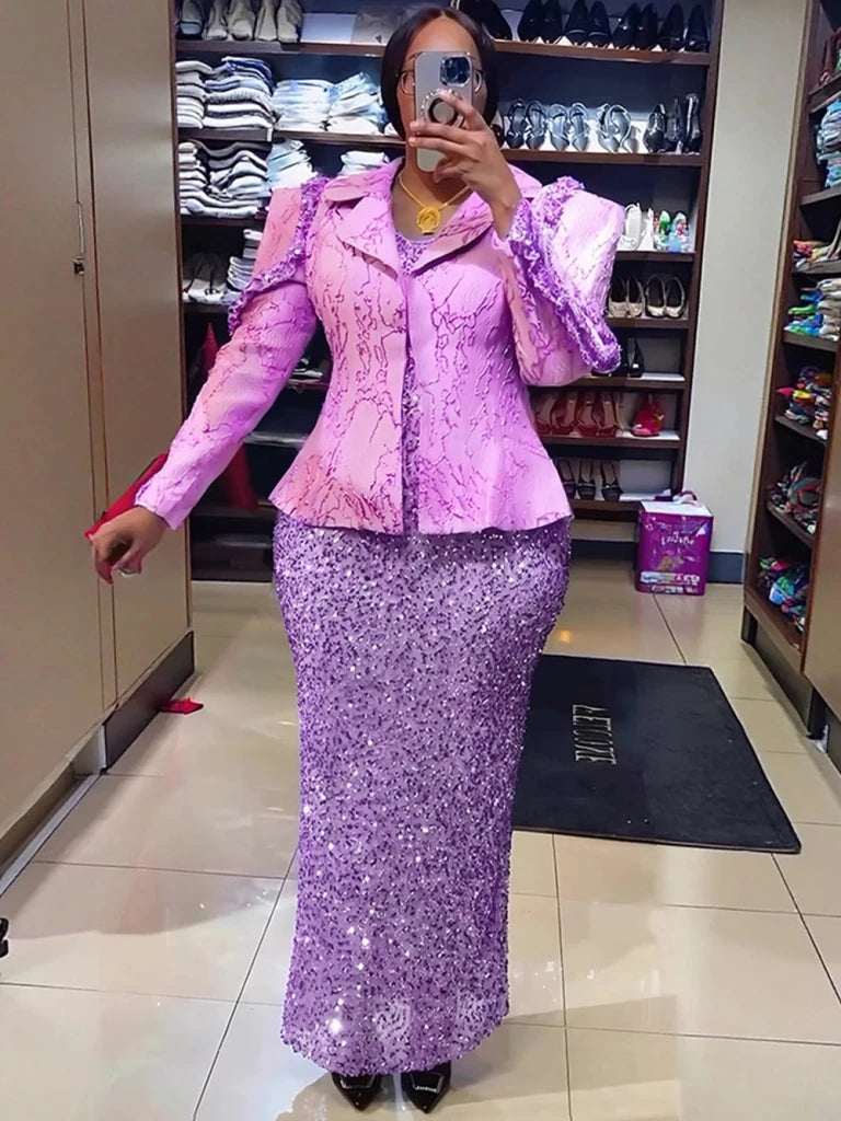 Luxury Women’s African 2PC Wedding Party Outfit – Long Sleeve Coat & Sequin Vest Dress Dashiki Set - Free Delivery Worldwide