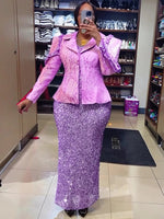 Luxury Women’s African 2PC Wedding Party Outfit – Long Sleeve Coat & Sequin Vest Dress Dashiki Set - Free Delivery Worldwide