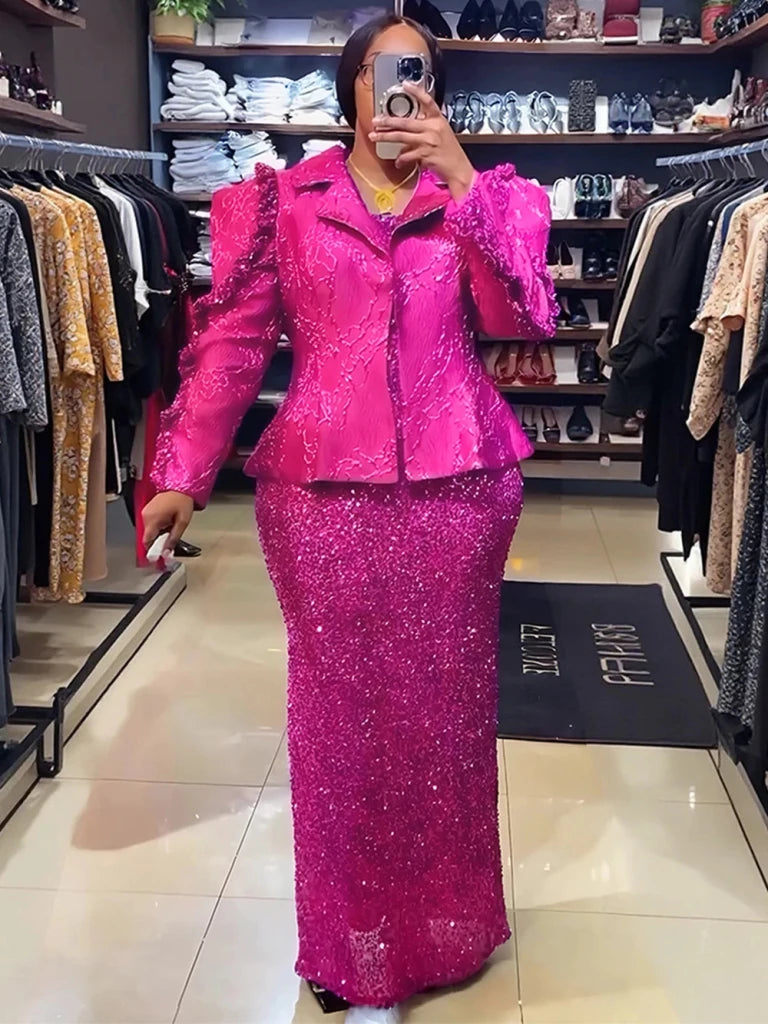 Luxury Women’s African 2PC Wedding Party Outfit – Long Sleeve Coat & Sequin Vest Dress Dashiki Set - Free Delivery Worldwide