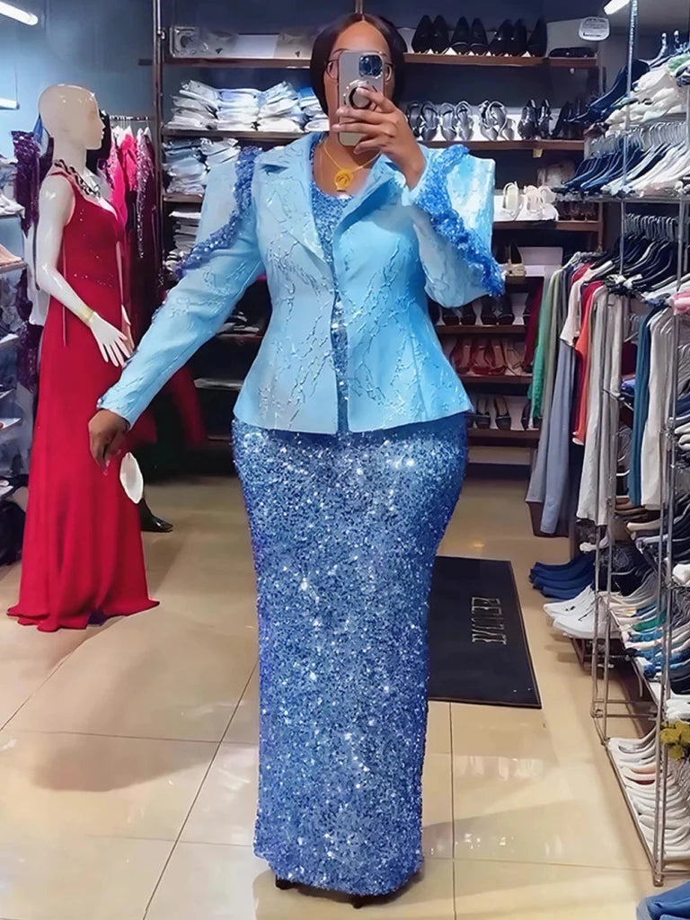Luxury Women’s African 2PC Wedding Party Outfit – Long Sleeve Coat & Sequin Vest Dress Dashiki Set - Free Delivery Worldwide