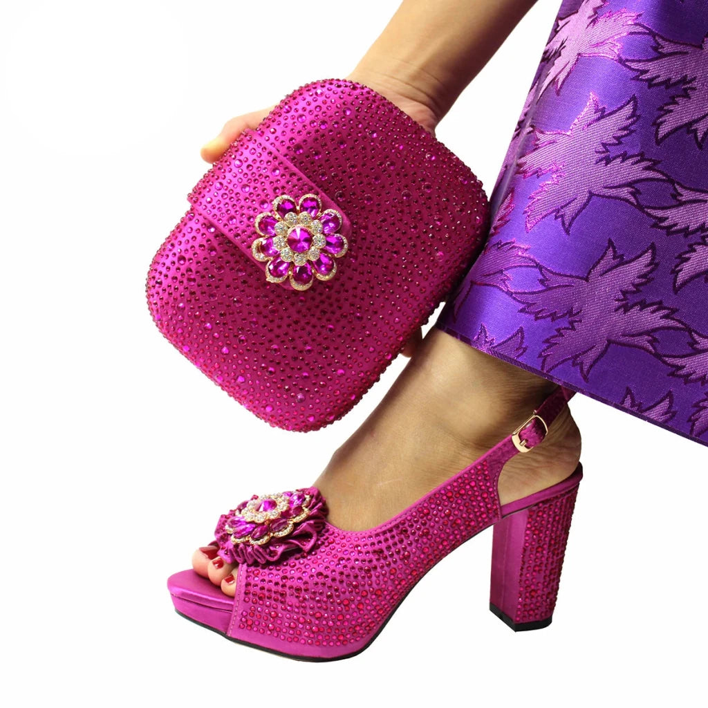 Magenta Crystal African Party Shoes and Matching Bag Set for Women – Elegant Special Design Ladies Occasion Set - Free Delivery Worldwide only at Flexi Africa