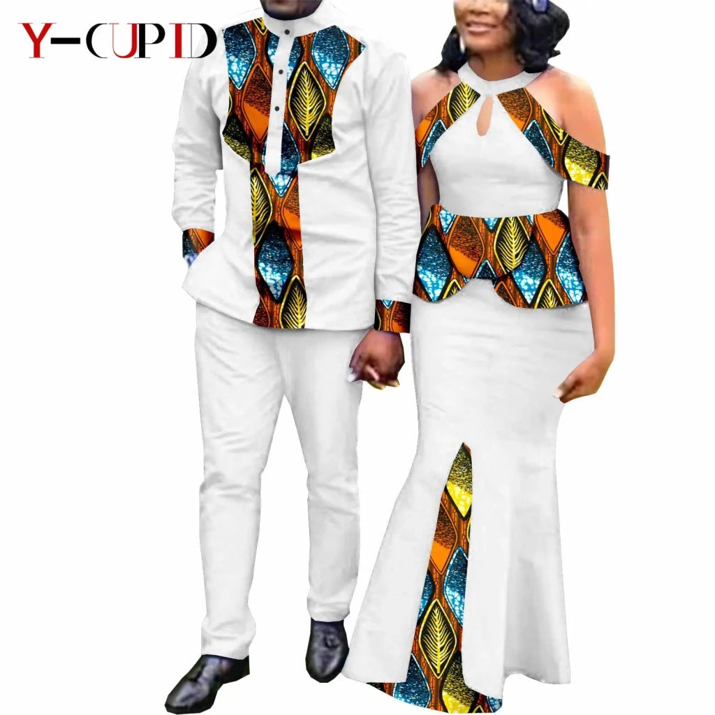 Buy Matching Bazin African Couple Attire – Women’s Mermaid Dress & Men’s Shirt Pant Set for only $67.83 at Flexi Africa!