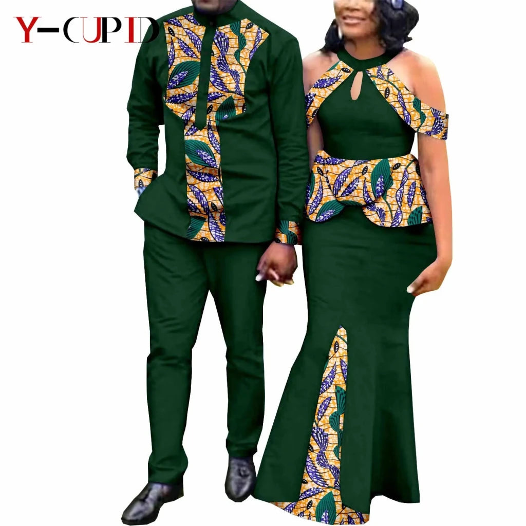 Buy Matching Bazin African Couple Attire – Women’s Mermaid Dress & Men’s Shirt Pant Set for only $67.83 at Flexi Africa!