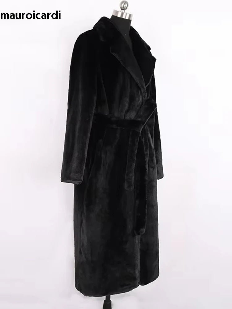 Mauroicardi Winter Long White Black Warm Thick Soft Flowy Fluffy Faux Fur Coat Women Sashes Loose Casual Furry Overcoat 2024 - Free Delivery Worldwide only at Flexi Africa