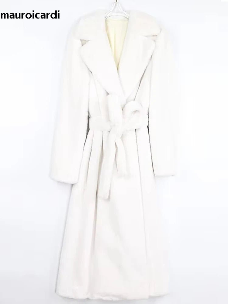 Mauroicardi Winter Long White Black Warm Thick Soft Flowy Fluffy Faux Fur Coat Women Sashes Loose Casual Furry Overcoat 2024 - Free Delivery Worldwide only at Flexi Africa