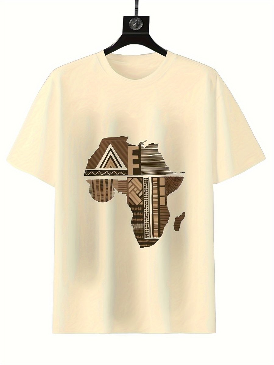 Men's 100% Cotton T-Shirt with African Map Geometric Design – Casual, Comfortable, and Unisex for All Seasons, Short Sleeve Crew Neck Tee in Beige, Casual Wear Tee | Crew Neck Shirt | 100% Cotton Fabric - Free Delivery Worldwide only at Flexi Africa