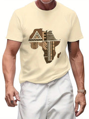 Men's 100% Cotton T-Shirt with African Map Geometric Design – Casual, Comfortable, and Unisex for All Seasons, Short Sleeve Crew Neck Tee in Beige, Casual Wear Tee | Crew Neck Shirt | 100% Cotton Fabric - Free Delivery Worldwide only at Flexi Africa