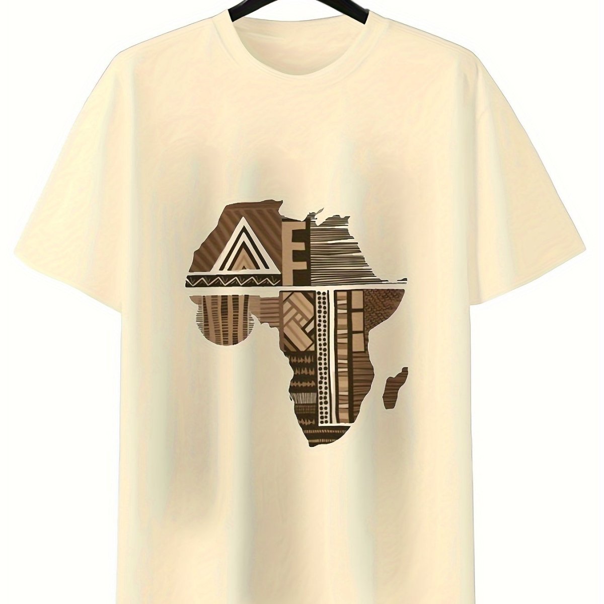 Men's 100% Cotton T-Shirt with African Map Geometric Design – Casual, Comfortable, and Unisex for All Seasons, Short Sleeve Crew Neck Tee in Beige, Casual Wear Tee | Crew Neck Shirt | 100% Cotton Fabric - Free Delivery Worldwide only at Flexi Africa