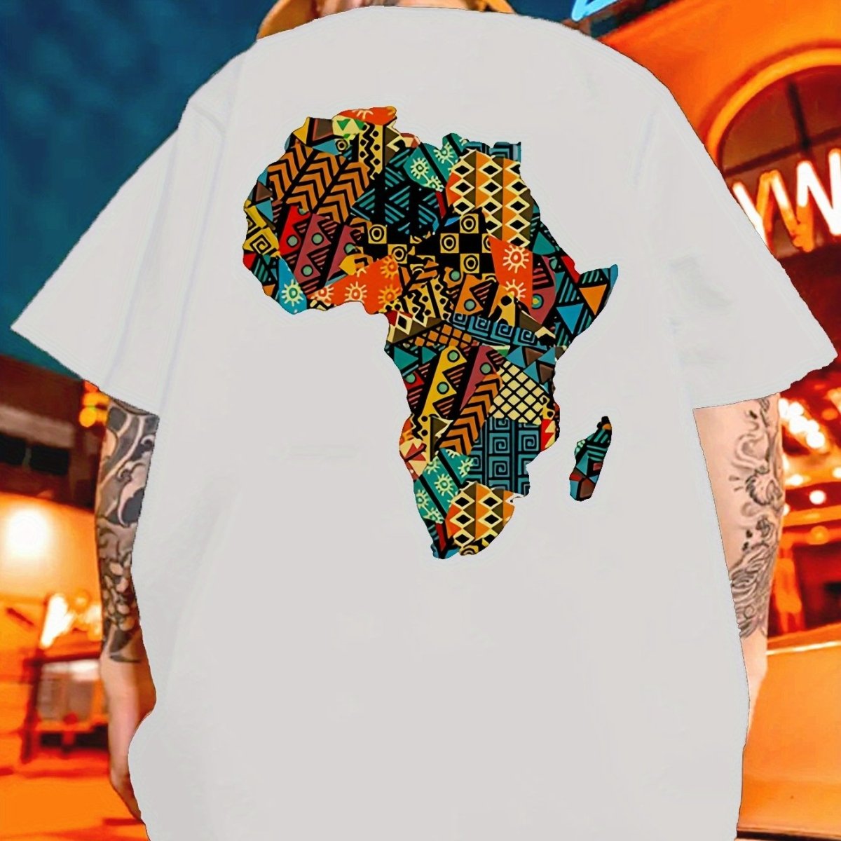 Men's Africa Outline Colorful Geometric Print T-Shirt - Soft 100% Cotton Loose Fit Casual Tee for Gym, Sports & Daily Wear - Summer & Year - Round Comfort, Gym Attire, Ethnic Style Shirt, Breathable Cotton - Free Delivery Worldwide only at Flexi Africa