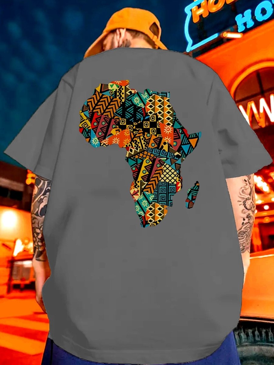 Men's Africa Outline Colorful Geometric Print T-Shirt - Soft 100% Cotton Loose Fit Casual Tee for Gym, Sports & Daily Wear - Summer & Year - Round Comfort, Gym Attire, Ethnic Style Shirt, Breathable Cotton - Free Delivery Worldwide only at Flexi Africa