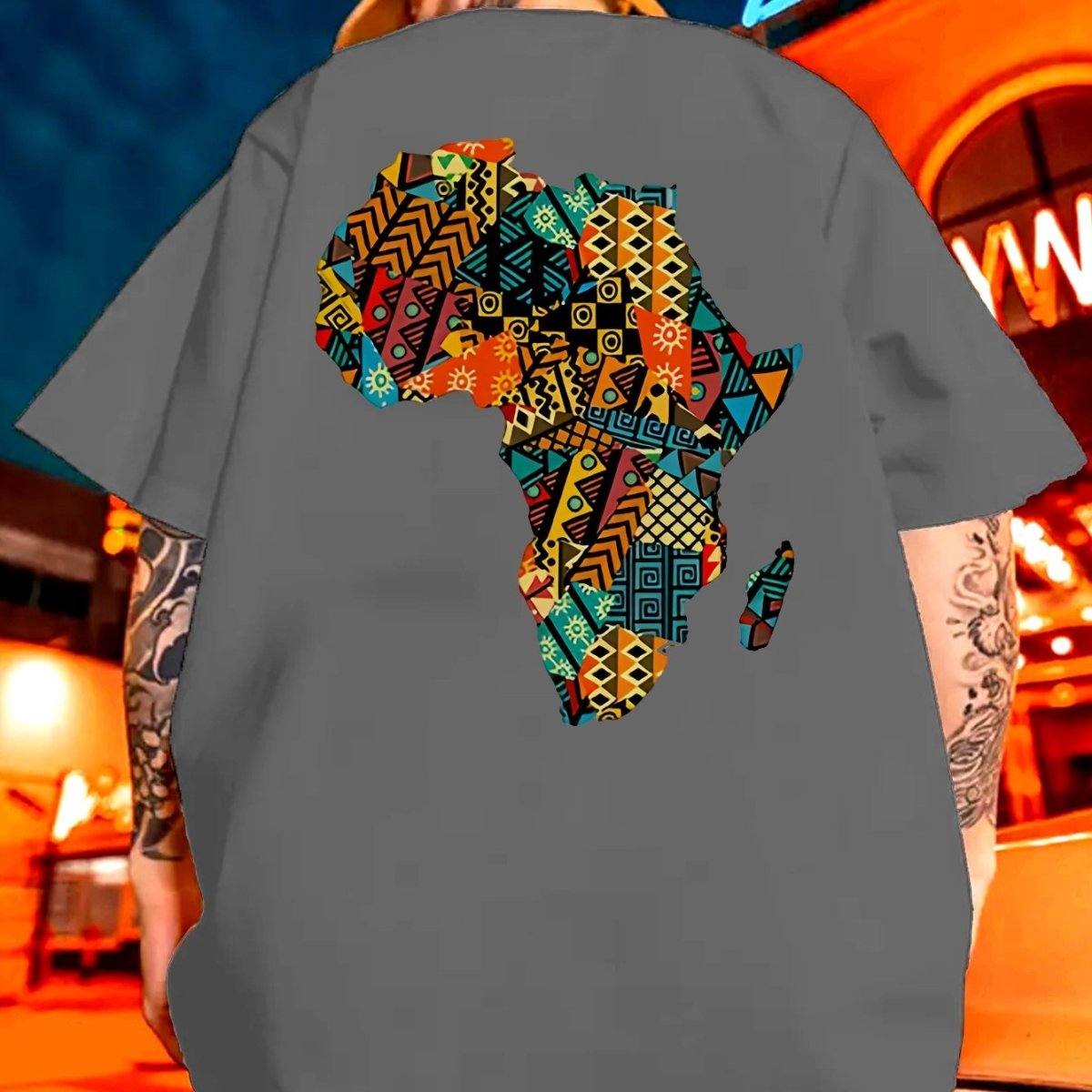 Men's Africa Outline Colorful Geometric Print T-Shirt - Soft 100% Cotton Loose Fit Casual Tee for Gym, Sports & Daily Wear - Summer & Year - Round Comfort, Gym Attire, Ethnic Style Shirt, Breathable Cotton - Free Delivery Worldwide only at Flexi Africa