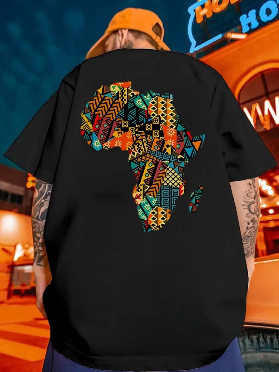 Men's Africa Outline Colorful Geometric Print T-Shirt - Soft 100% Cotton Loose Fit Casual Tee for Gym, Sports & Daily Wear - Summer & Year - Round Comfort, Gym Attire, Ethnic Style Shirt, Breathable Cotton - Free Delivery Worldwide only at Flexi Africa