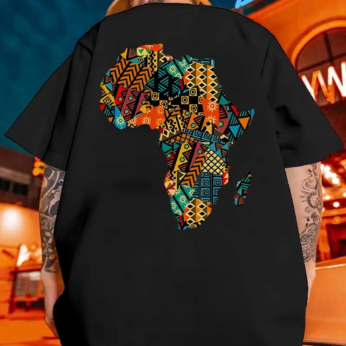 Men's Africa Outline Colorful Geometric Print T-Shirt - Soft 100% Cotton Loose Fit Casual Tee for Gym, Sports & Daily Wear - Summer & Year - Round Comfort, Gym Attire, Ethnic Style Shirt, Breathable Cotton - Free Delivery Worldwide only at Flexi Africa