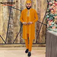 Men's African Agbada Robe 4PC Set – Embroidered Dashiki Shirt, Pants, Hat & Chain for Weddings and Evening - Free Delivery Worldwide only at Flexi Africa