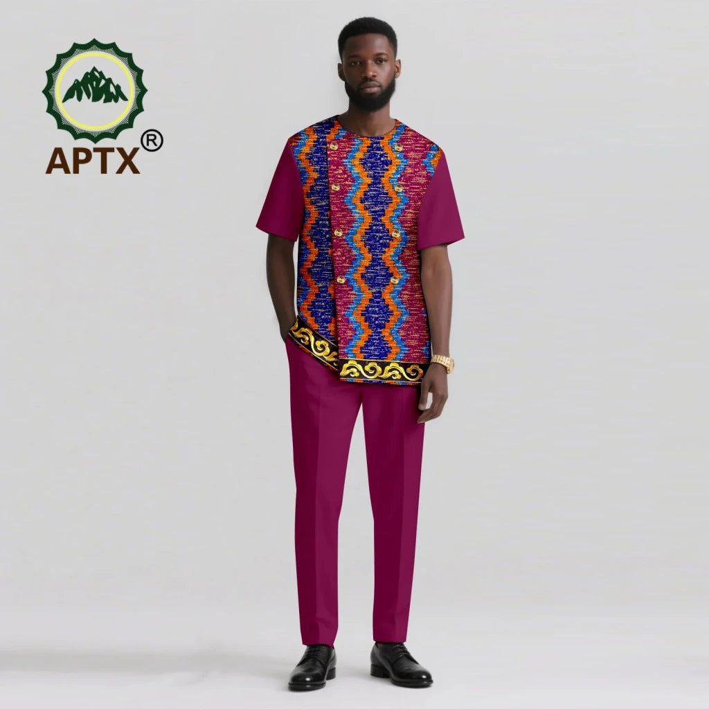 Men’s African Ankara Print Dashiki 2PC Set – O-Neck Patchwork Shirt & Pants - Free Delivery Worldwide only at Flexi Africa
